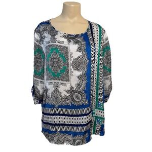 Chico's Sz 3 Blouse 3/4 Roll Tab Sleeve Blue Abstract Bandana Relaxed Resort